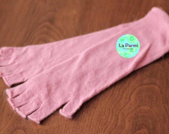 Women's 100% Wool Hand Knit Winter Arm Warmers Fingerless Gloves Half fingers Long Cuff Mittens Soft Pink