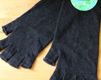 Women's 100% Wool Winter warmers Long Cuff half-finger Gloves Mittens Black Uk Seller