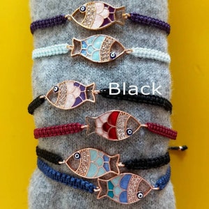 Femme chaîne réglable Poisson Bracelet Mauvais œil Bijoux Pierres scintillantes Chaîne noire Fait à la main