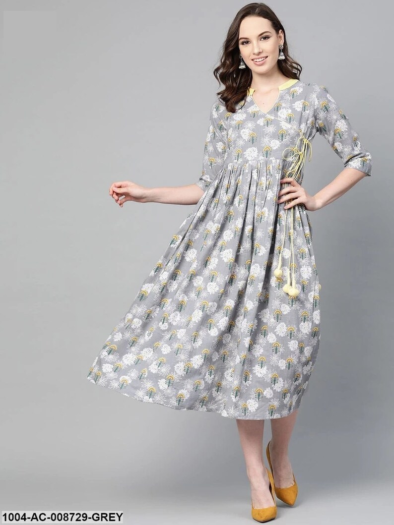 Grey Floral printed Multi colored Maxi dress with Mandarin collar & 3/4 ...