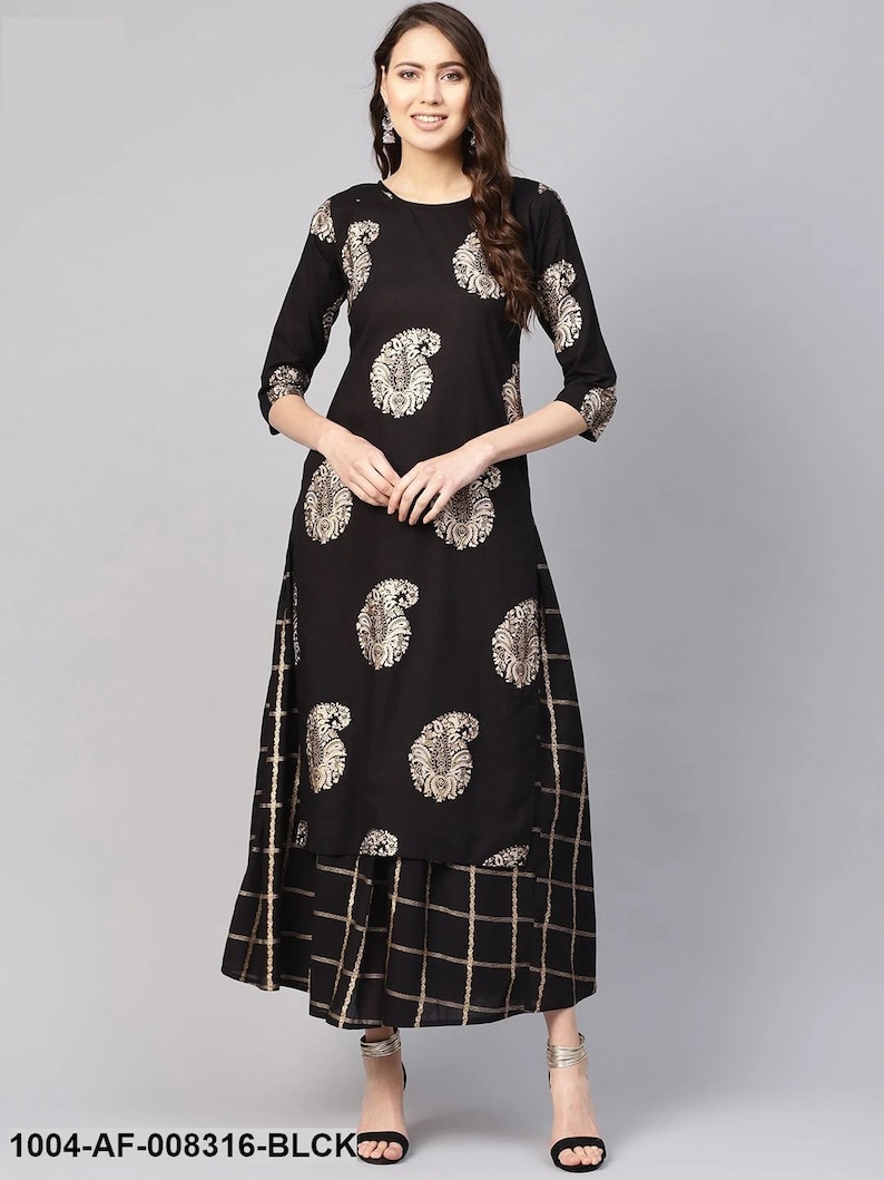 Latest Black Gold Printed Round Neck 3/4Th Sleeves Straight Kurta With