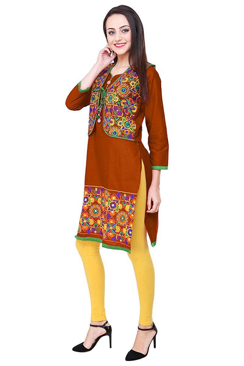 Premium Indian Brown Cotton Kurti with Embroidered Jacket » BRITHIKA