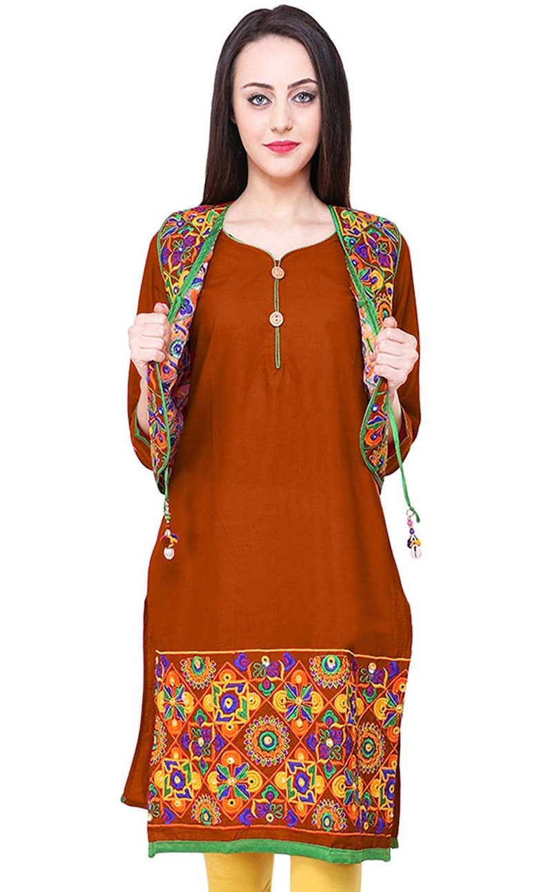 Premium Indian Brown Cotton Kurti with Embroidered Jacket » BRITHIKA