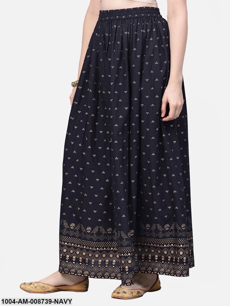 Navy Blue Crinkled Cotton Flax Elasticated Flared Midi Skirt main image 0
