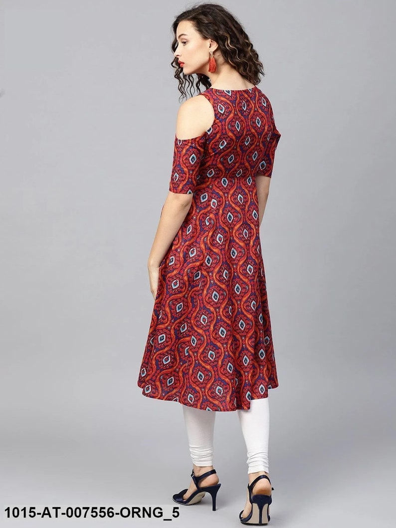 Brithika Rayon Orange Lkat Cold Shoulder Front Open Kurta ...