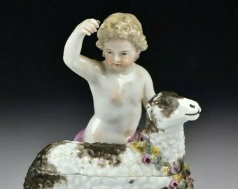 Meissen Marcolini Period German Porcelain Figural Boy and Sheep Spice Box