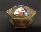 Antique French Glass and Bronze Enamel Trinket Jewelry Box with Woman, Girl, Mother, Daughter, 2.75 quot High
