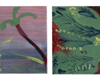 Outsider Art - 2 Abstract Paintings Palm Tree, Green Leaves  16" x 20"