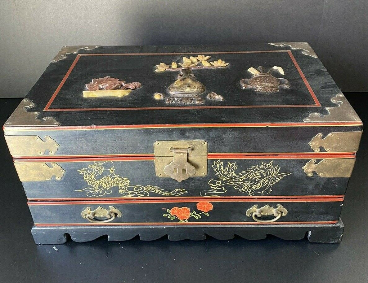 Antique/Vintage Black With Gold Images Chinese Jewelry Box With Mirror
