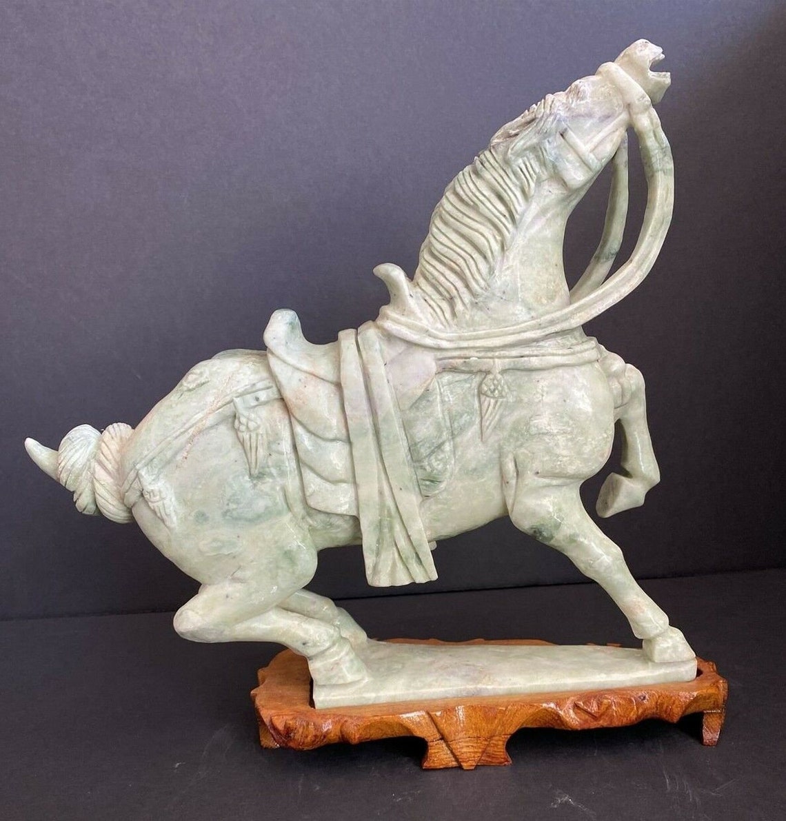Chinese Carved Green Jade Horse With Wooden Stand 11.5 Tall Etsy