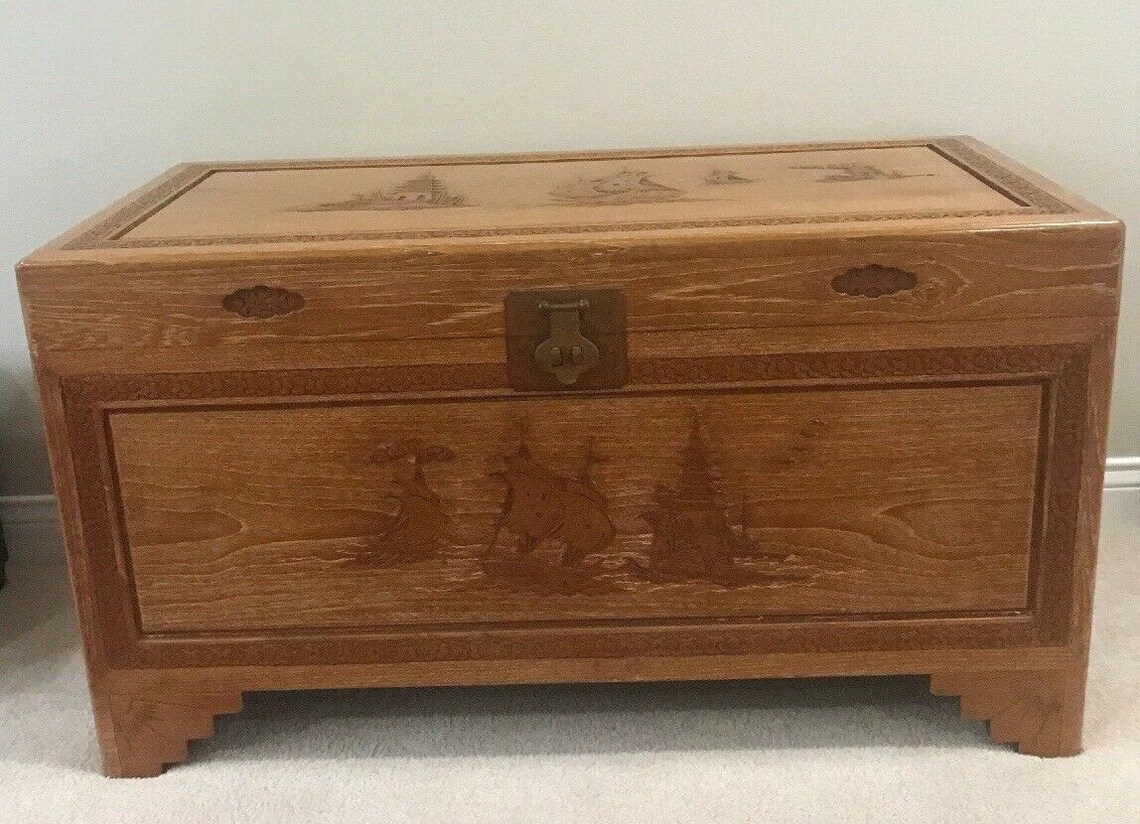 Chinese or Japanese Carved Wood Chest Mid Century 42 X 21 X Etsy