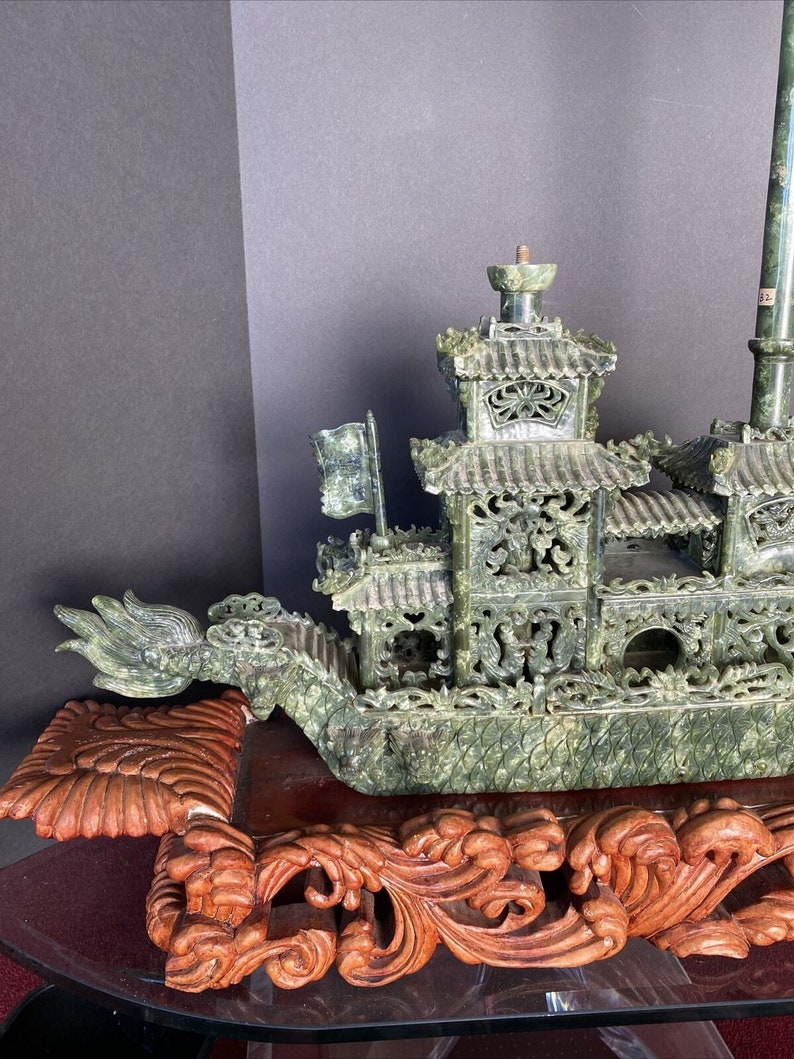 Huge Chinese Carved Jade Dragon Boat With Carved Wooden Stand Etsy