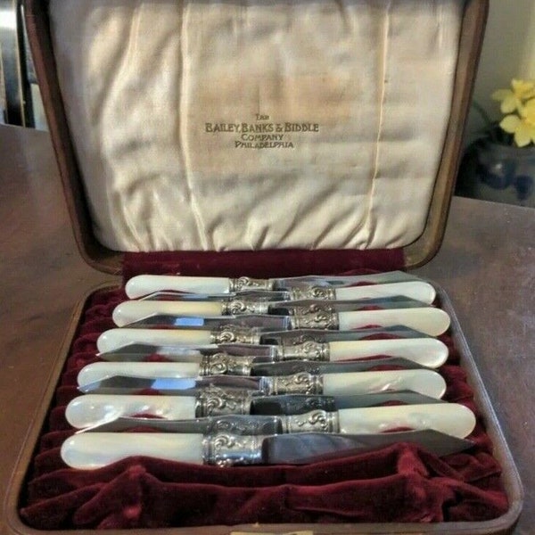 11 Mother of Pearl & Sterling Silver Dessert Knives Bailey Banks Biddle Cased Antique as is