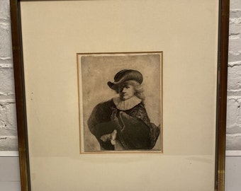 Framed Rembrandt Etching of Man in Hat 6" x 4.75"