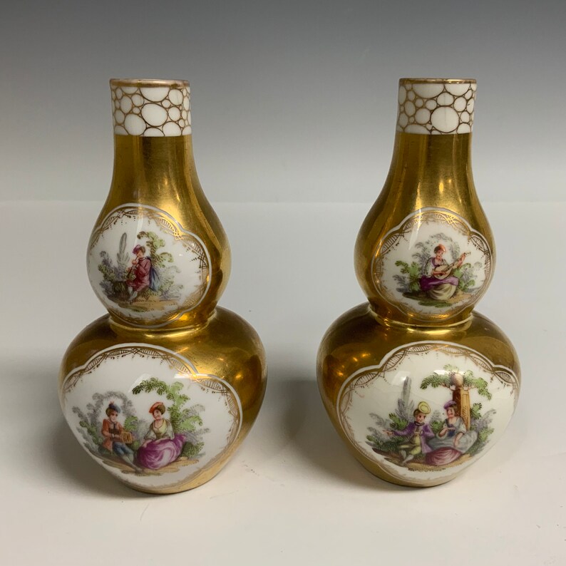 Vintage Meissen Porcelain Pair Of Gold Vases Etsy
