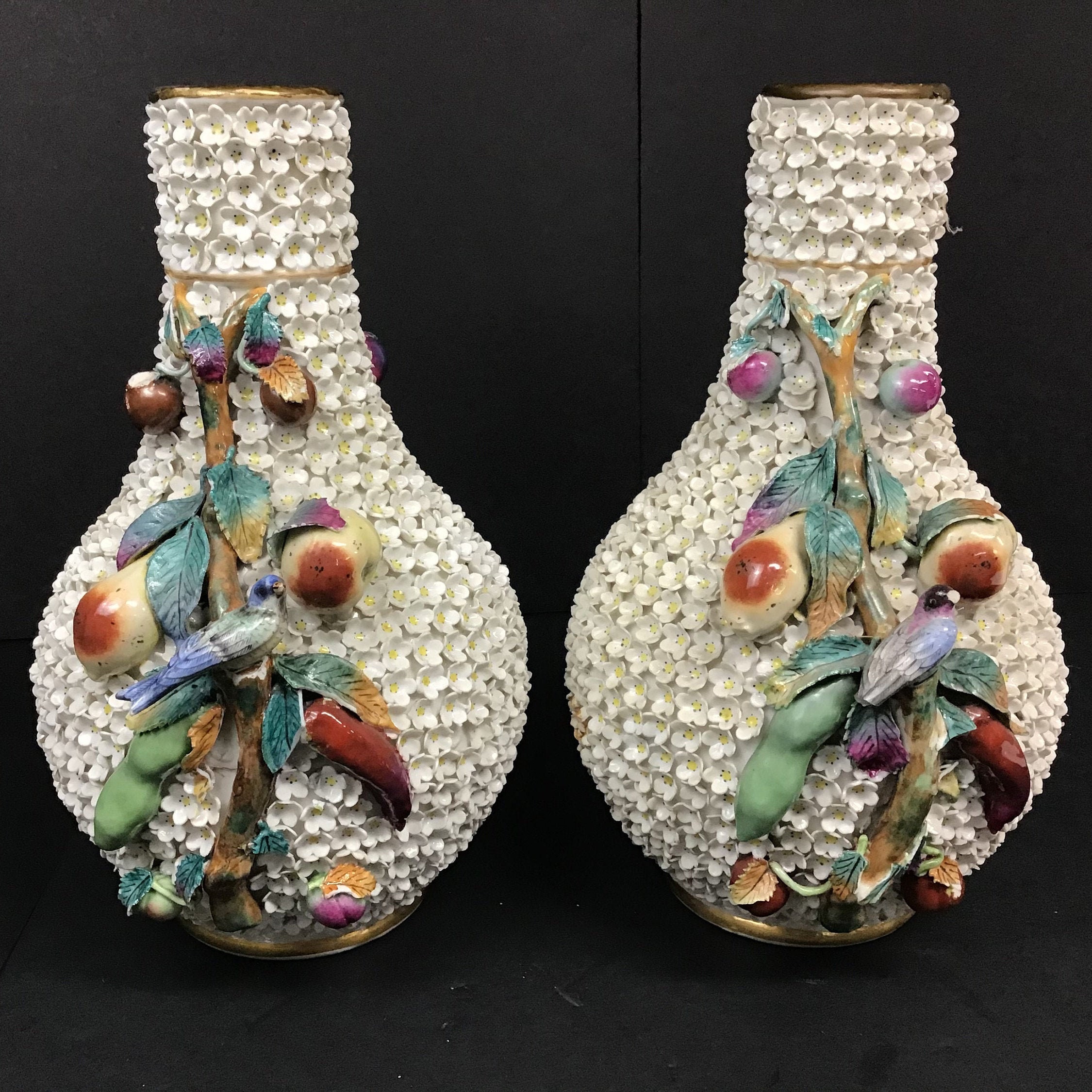 Pair of Porcelain Vases With Applied Flowers and Birds Etsy