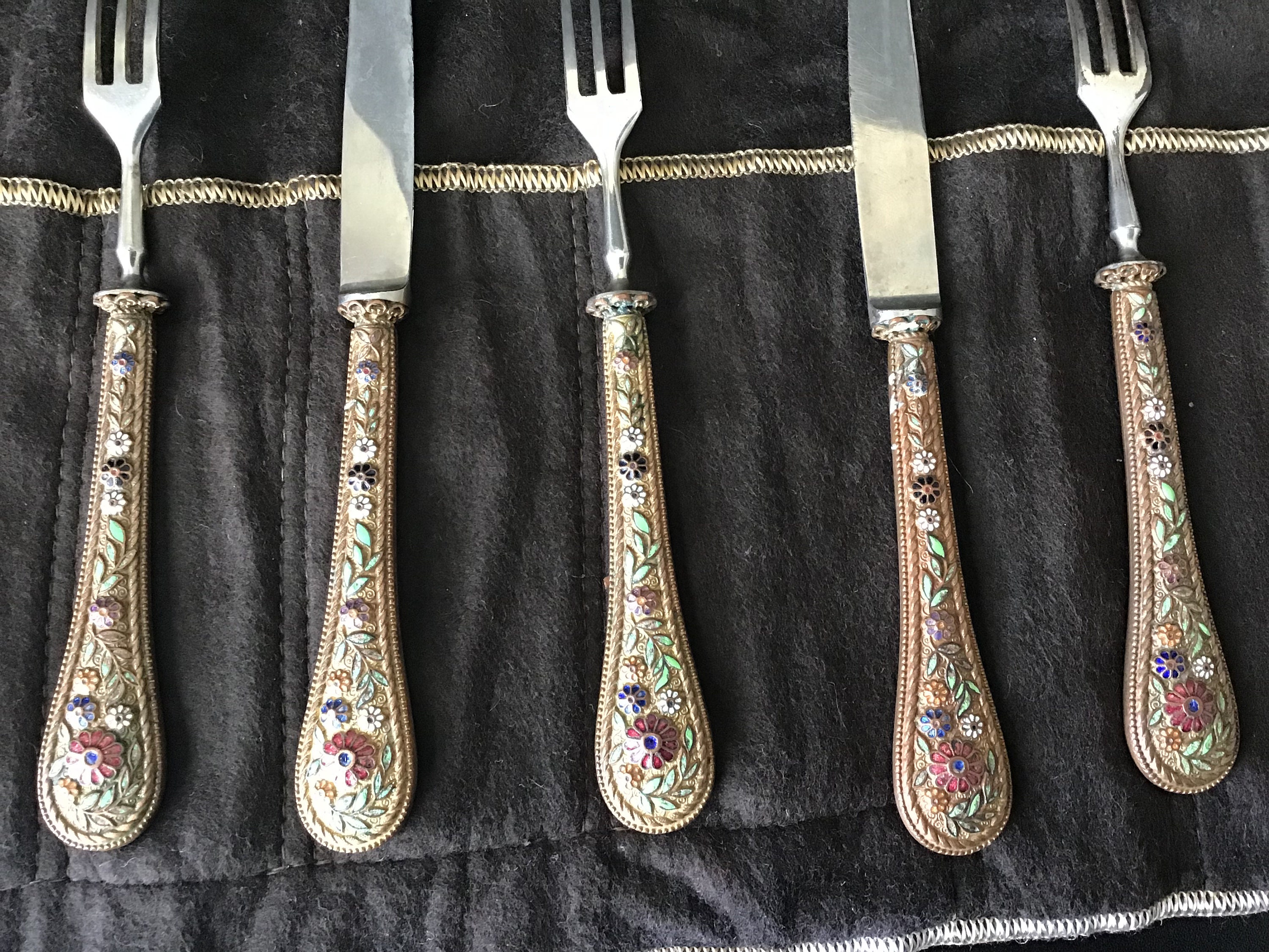 Antique Set of Enameled Cutlery With 2 Knives and 3 Forks Etsy