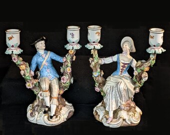 Antique Meissen Porcelain Pair of Candle Holders - Man, Woman, Applied Flowers  8"H
