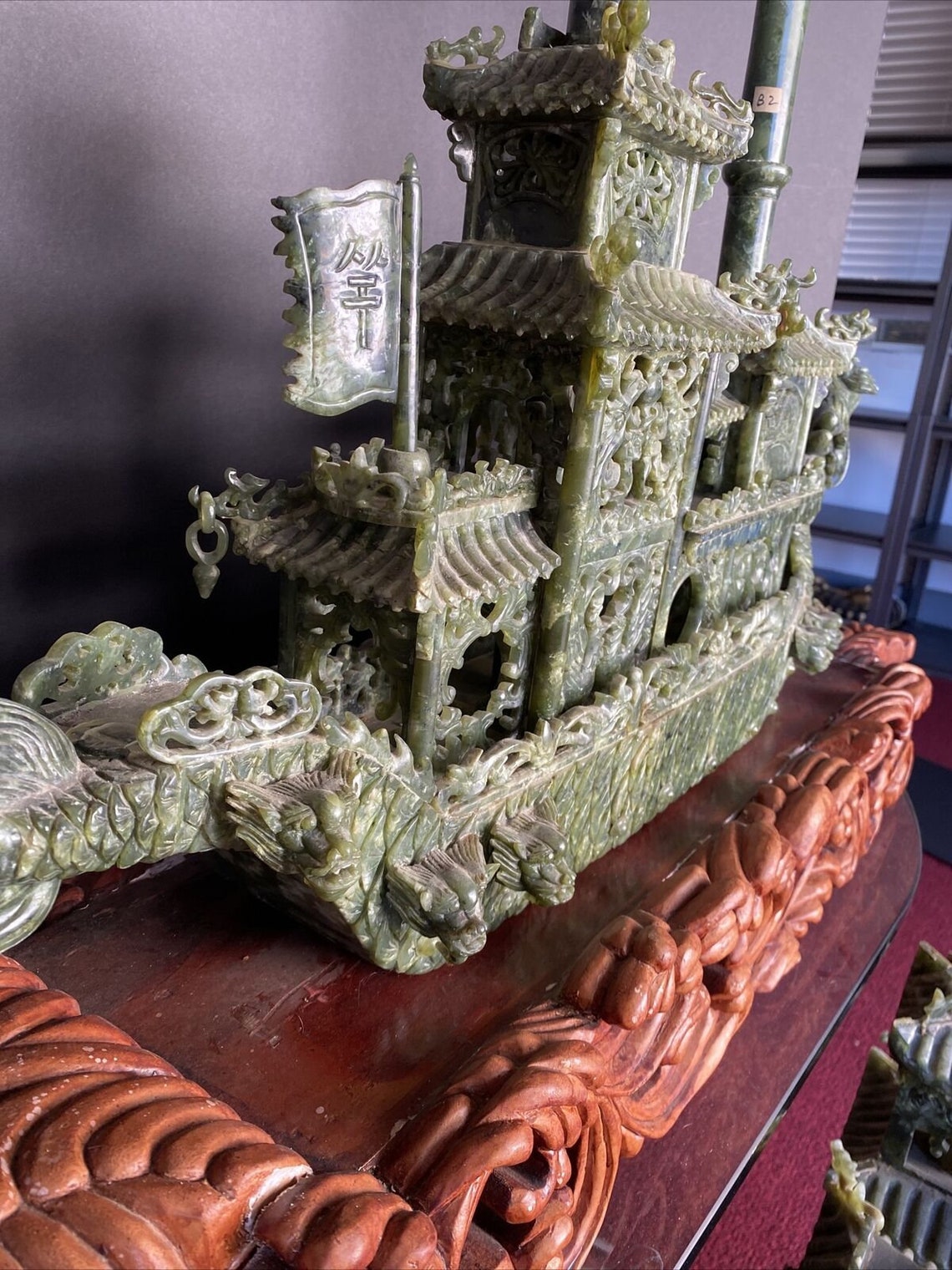Huge Chinese Carved Jade Dragon Boat With Carved Wooden Stand Etsy