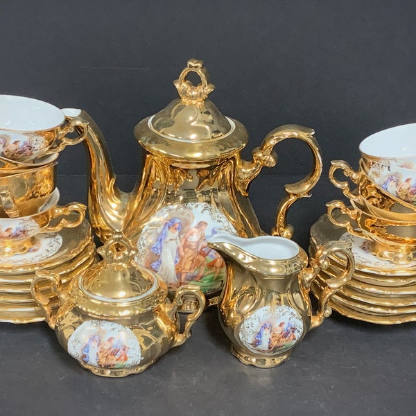 24-Piece Bavaria Porcelain Gold Gilt Tea Set with Mythological Paintings