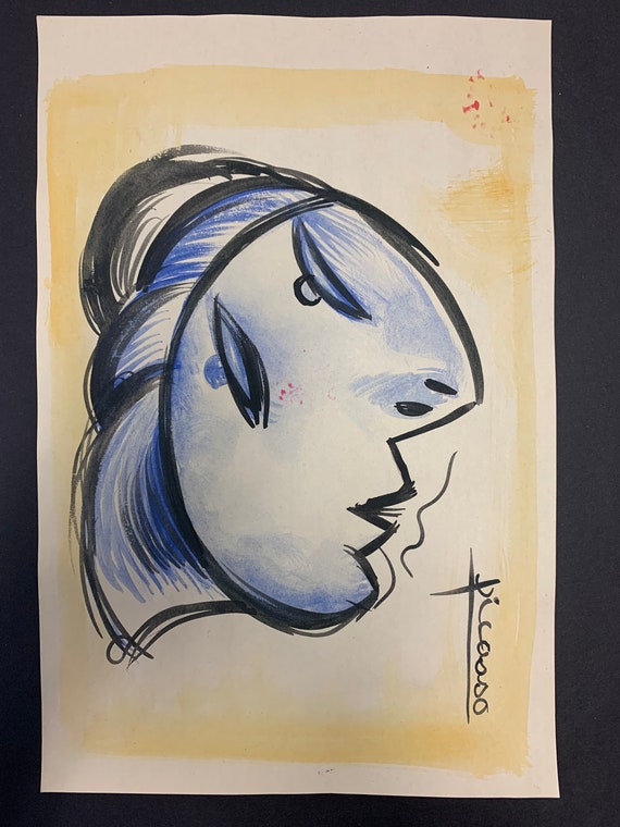 Vintage Picasso Original Art Painting of a Person in Blue on Etsy