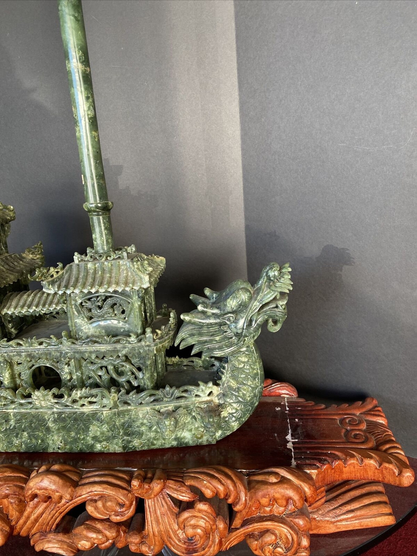 Huge Chinese Carved Jade Dragon Boat With Carved Wooden Stand Etsy