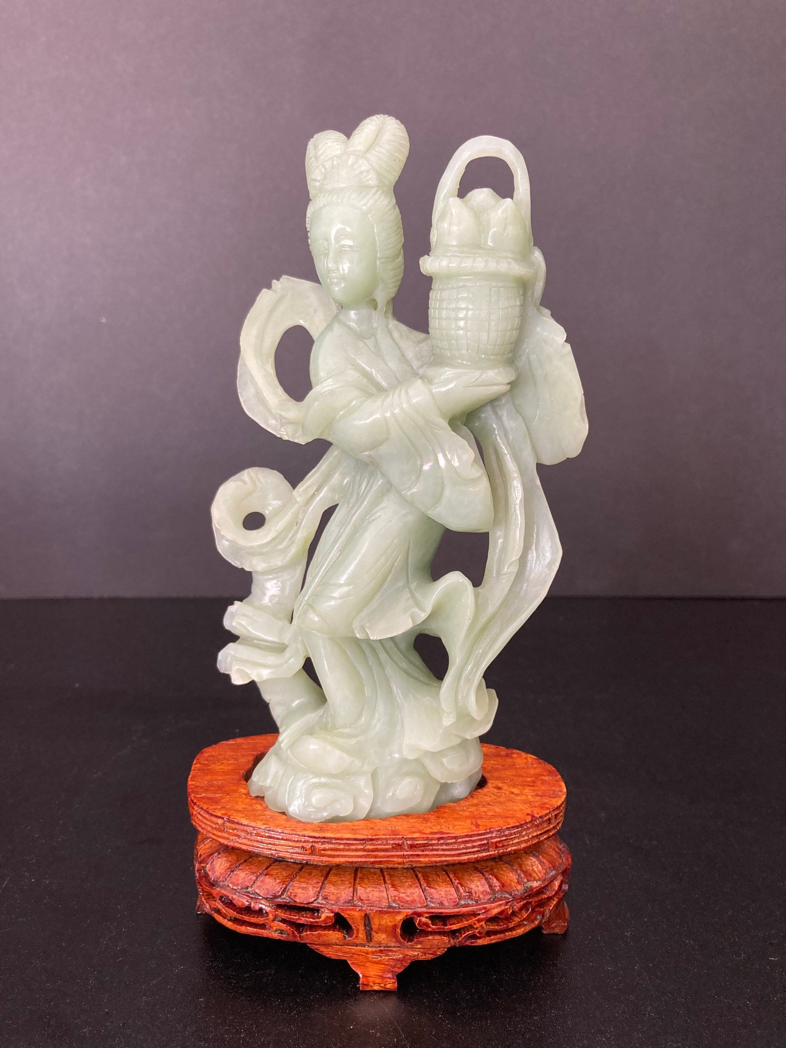 Vintage Chinese Carved Jade Sculpture of Woman With Wood Stand Etsy