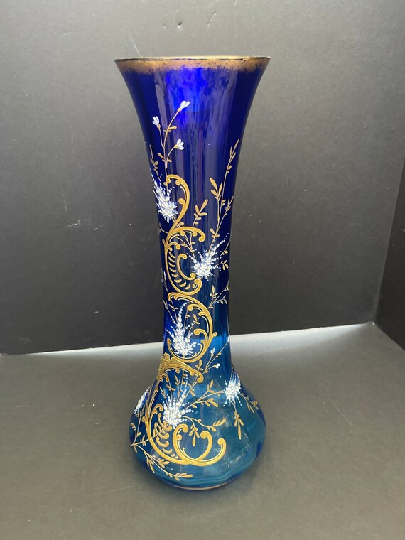 Massive Bohemian Antique Blue Glass Vase 16 H Etsy