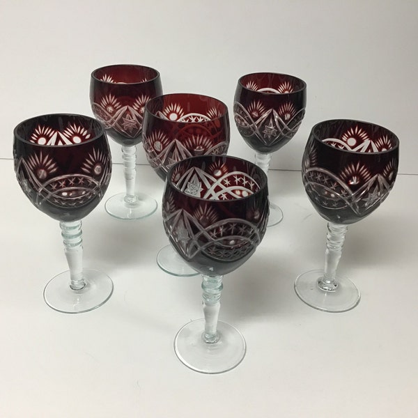 Set of Six Ruby Red Cut to Clear Wine Glasses