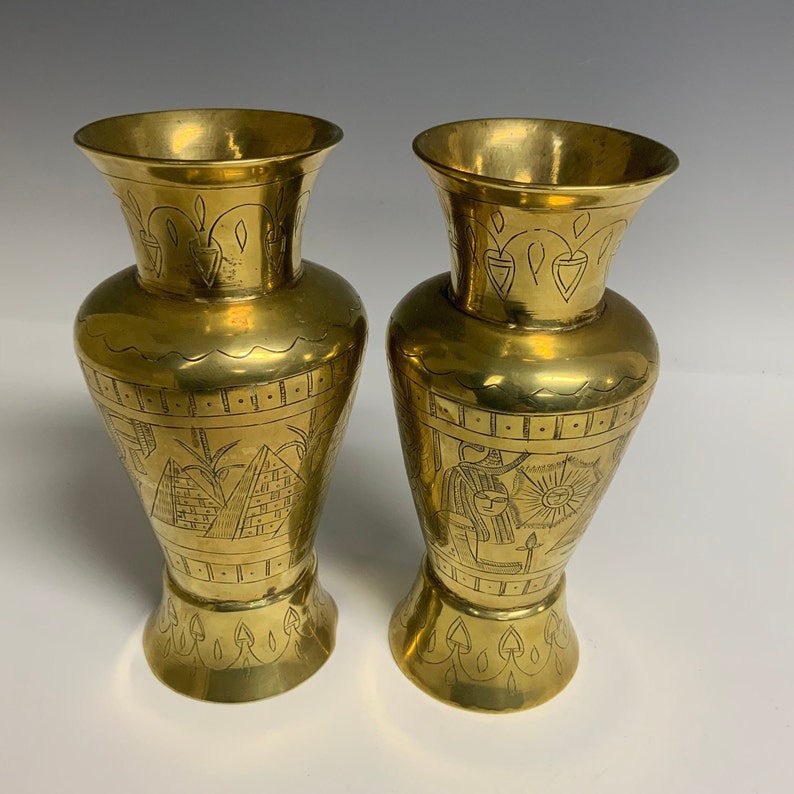 Vintage Pair of Egyptian Themed Brass Vases Etsy
