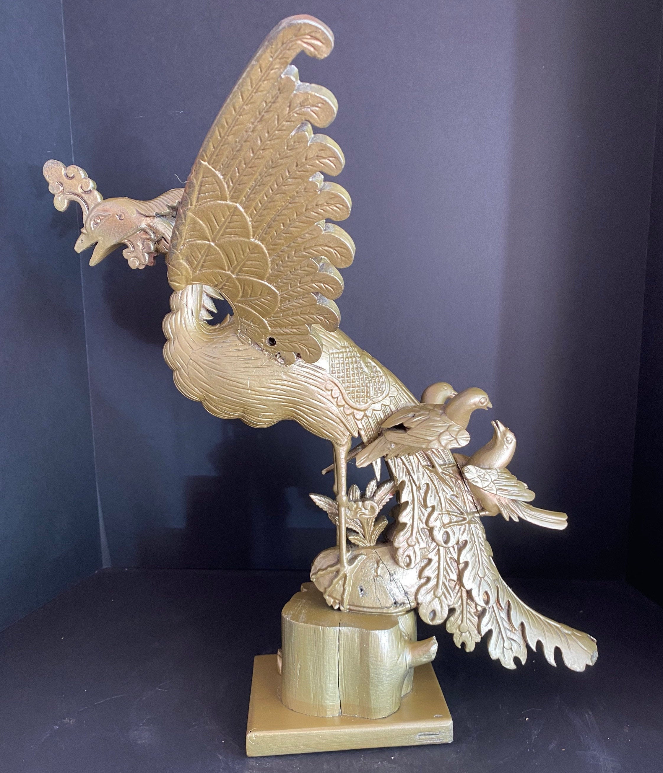 Asian Hand Carved Wooden Phoenix with Baby Birds Etsy
