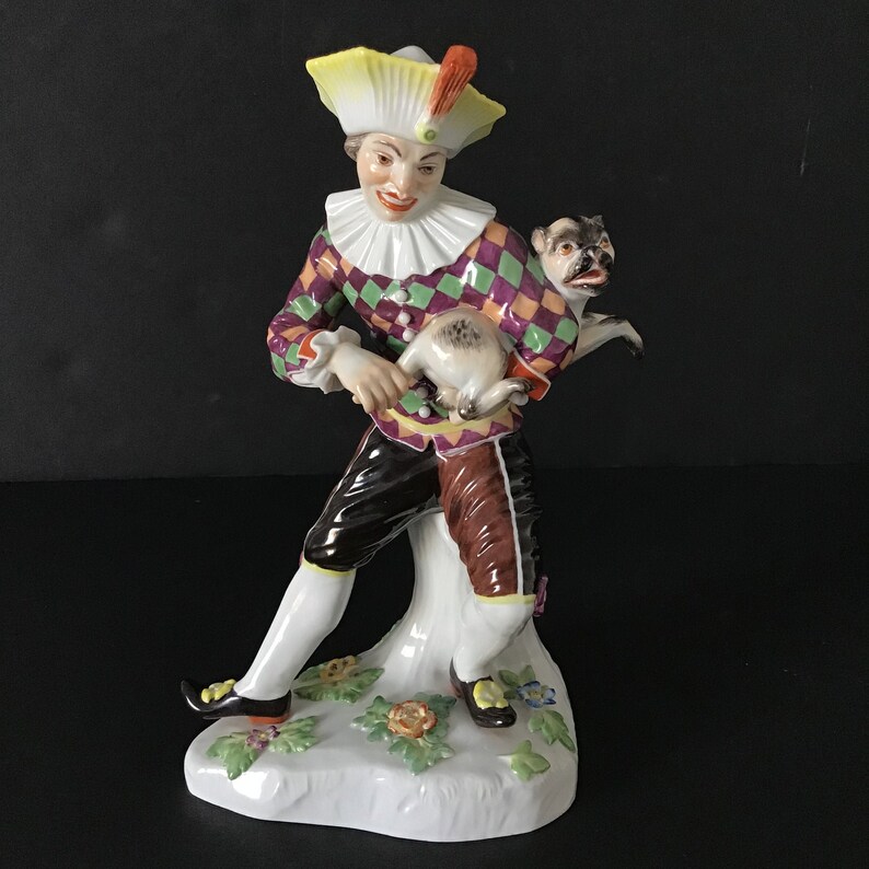 Vintage Meissen Porcelain Jester/Harlequin Figurine With a Pug Etsy