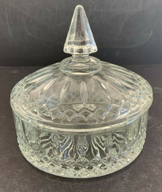 Pretty Vintage Crystal Diamond Pattern Pear Shaped Lidded Trinket Dish