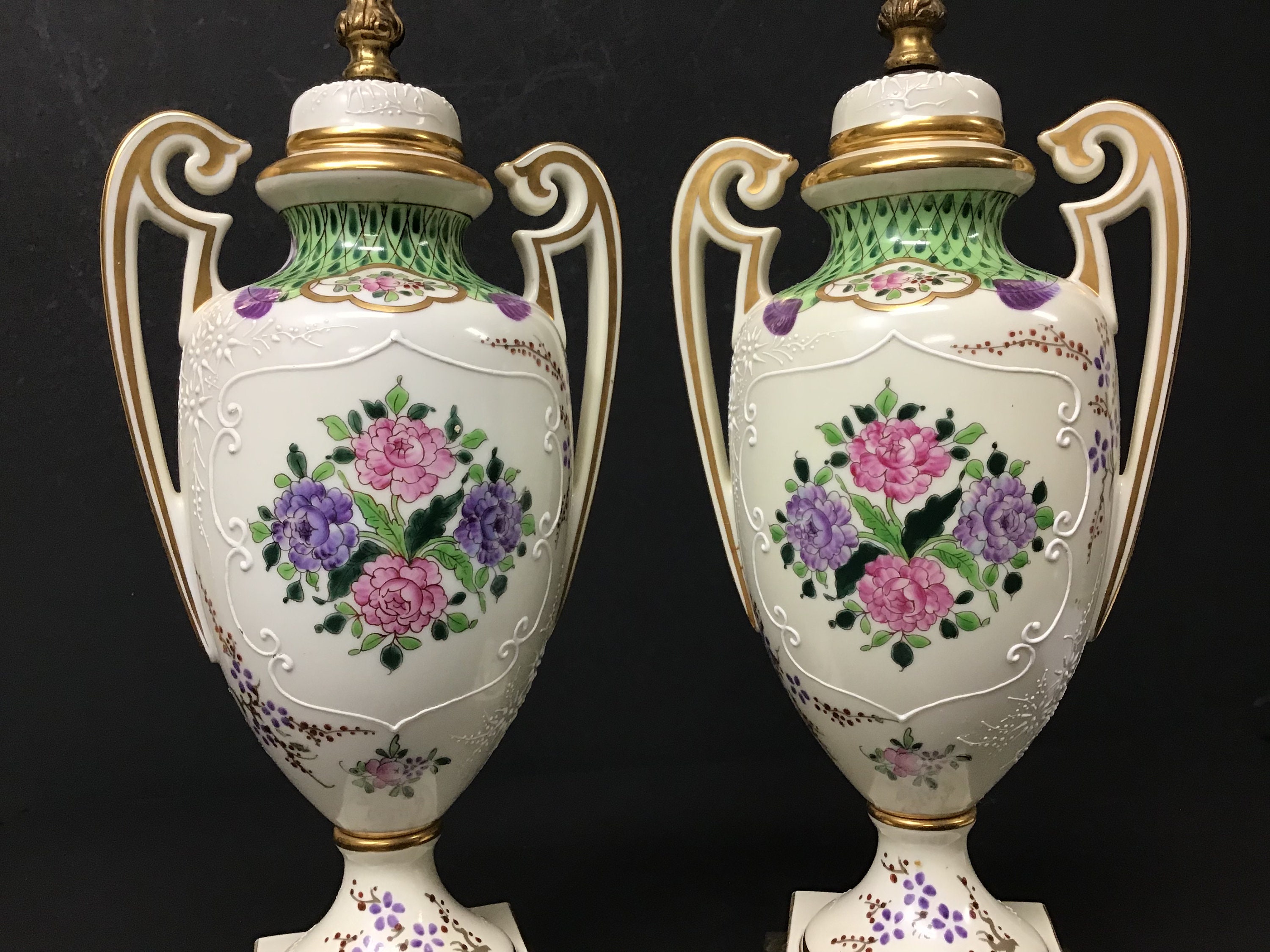 Vintage Pair of Porcelain Vases with Crest and Flowers Etsy