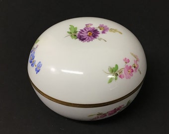 Vintage Meissen Porcelain Round Trinket Box with Flowers