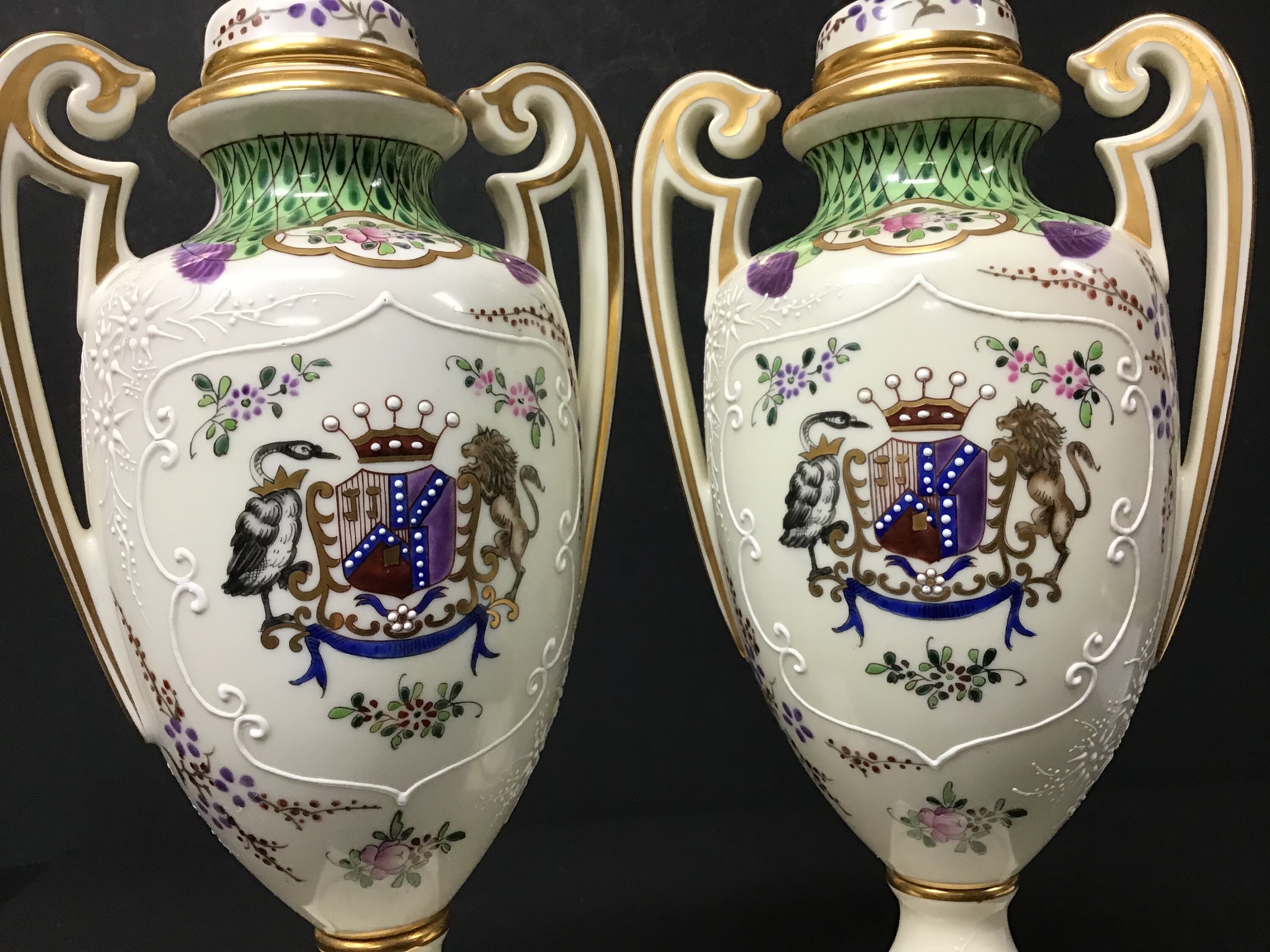 Vintage Pair of Porcelain Vases with Crest and Flowers Etsy