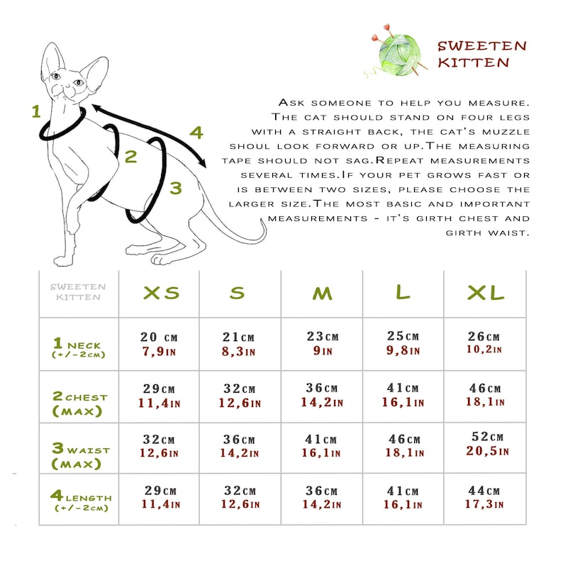 May include: A sizing chart for cat clothing, featuring a line drawing of a hairless cat with measurement points. The chart includes neck, chest, waist, and length measurements in both centimeters and inches for sizes XS to XL. The text advises how to measure a cat.