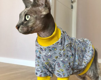 Cartoon Print Cotton T-shirt for Sphynx Cat: Hairless Cat Clothes