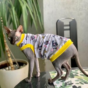 May include: A gray Sphynx cat wearing a light gray shirt with a pattern of cartoon bees and skulls. The shirt has yellow trim around the neck and sleeves. The cat is standing on a black surface.