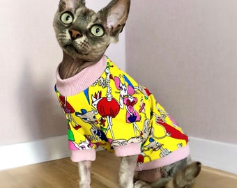 Summer cotton sun protection t-shirt with cute print for sphynx cat. Hairless cat clothes. Comfy quality kitten top.