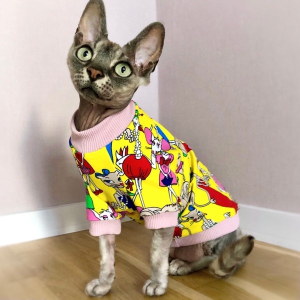 Summer cotton sun protection t-shirt with cute print for sphynx cat. Hairless cat clothes. Comfy quality kitten top.