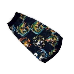 May include: Black dog bandana with a repeating pattern of cartoon fish in various styles, including one wearing a hat and another with sunglasses and a gold chain. The fish are in shades of green, orange, and blue.
