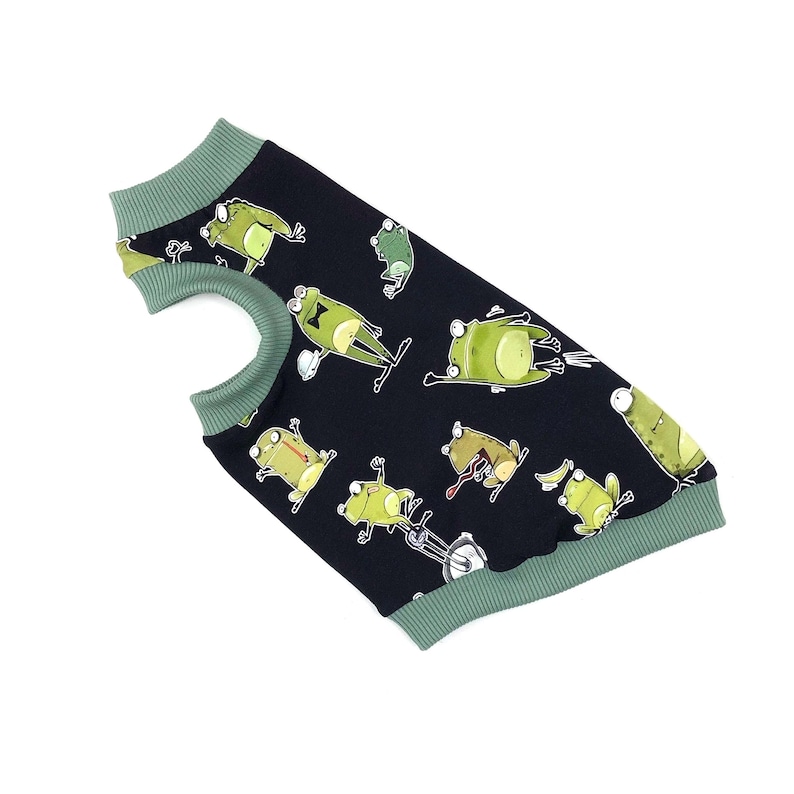 May include: A black dog sweater with a repeating pattern of cartoon frogs in various poses. The sweater has a green ribbed collar and cuffs. The frogs are light green with white bellies and black outlines.