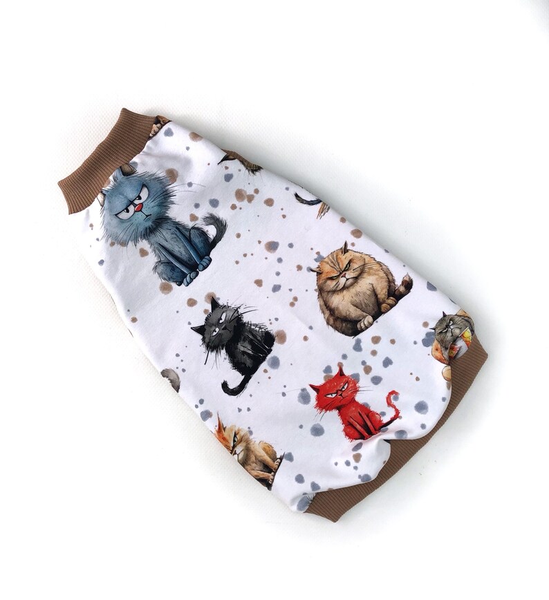 May include: White pet sweater featuring a repeating pattern of cartoon cats in various colors and expressions. The sweater has a brown ribbed collar and hem. The cats are in shades of gray, black, red, and brown, with angry or grumpy faces.