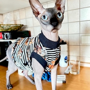Cotton colorful T-shirt for sphynx cat. Sphynx cat jumper. Funny cartoon print sweatshirt for hairless cat. Organic cat clothes