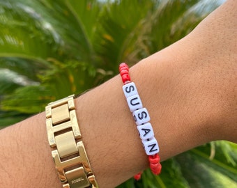 Customizable Red Beaded Bracelet: Handmade, Adjustable, Personalized with Your Name or Word