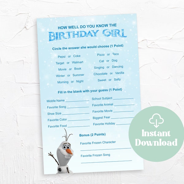 Frozen How Well Do You Know The Birthday Girl Printable Olaf Birthday Party Game Who Knows The Birthday Girl Best