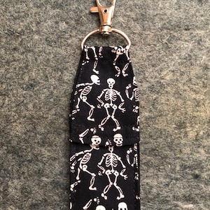Skeleton chapstick holder, lip balm keychain, sugar skull, Day of the dead fabric, cross bones HALLOWEEN party gift, SKULL lanyard clip