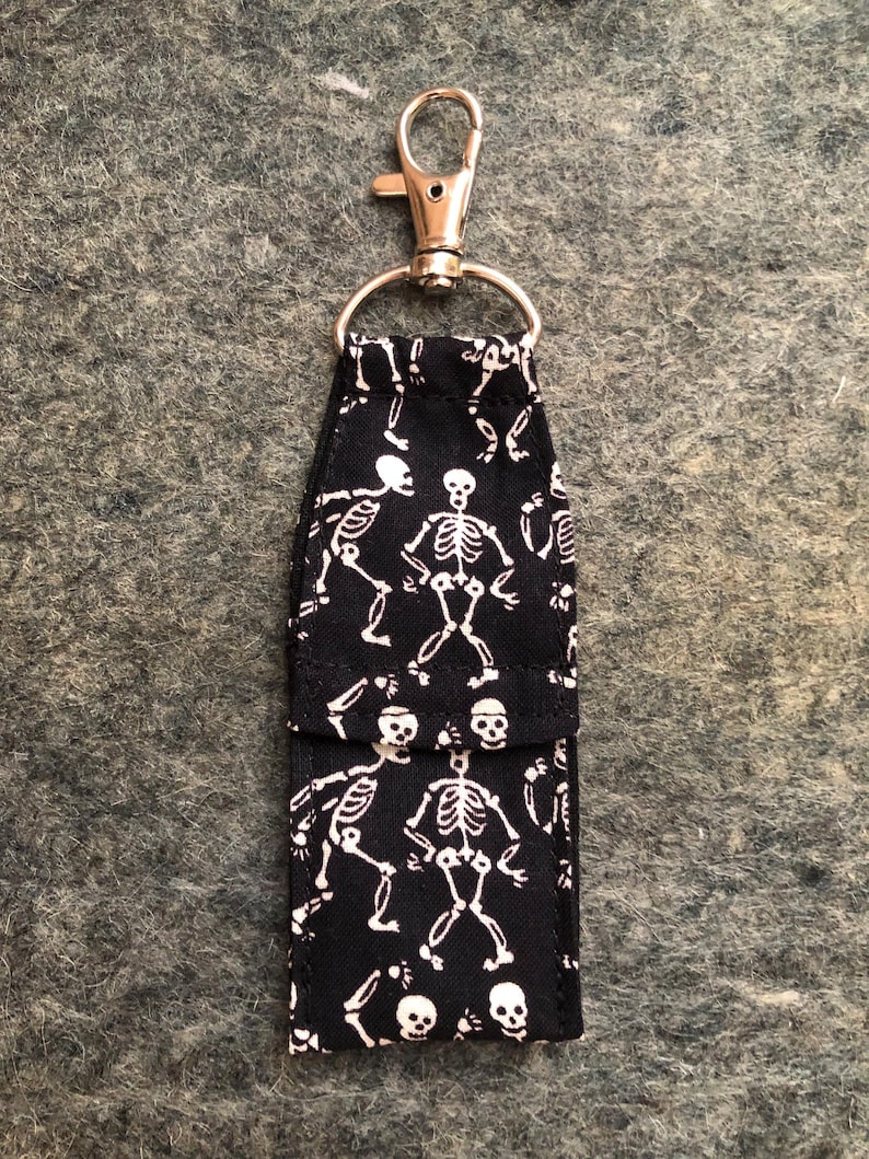 chapstick holder SKELETON lip balm keychain, sugar skull, Day of the dead fabric, HALLOWEEN party SKULL multi skeletons