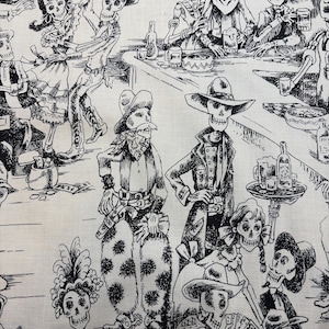 May include: A black and white fabric print featuring a crowded saloon scene with skeleton figures dressed as cowboys and cowgirls. The illustration depicts skeletons dancing, playing cards, and drinking at a bar, all rendered in a detailed ink-style sketch.